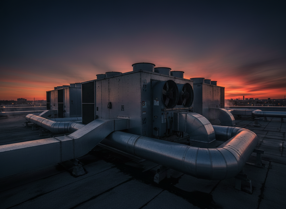 Commercial HVAC air handling units and ductwork on a rooftop at dusk